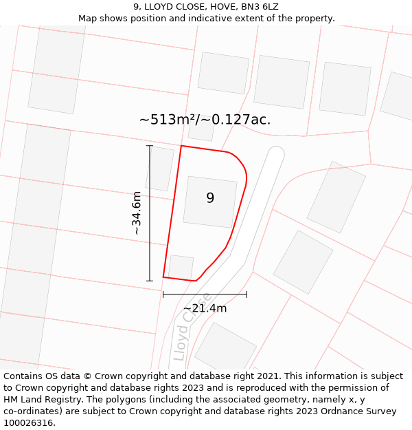 9, LLOYD CLOSE, HOVE, BN3 6LZ: Plot and title map