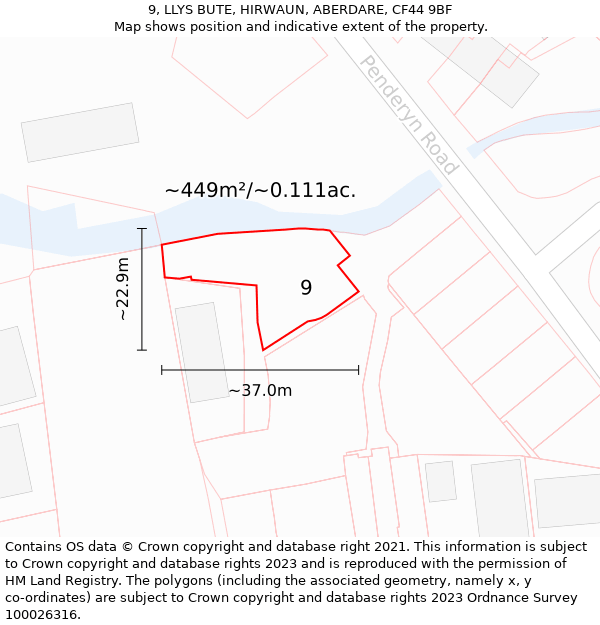 9, LLYS BUTE, HIRWAUN, ABERDARE, CF44 9BF: Plot and title map