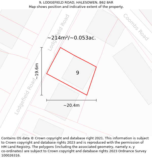 9, LODGEFIELD ROAD, HALESOWEN, B62 8AR: Plot and title map