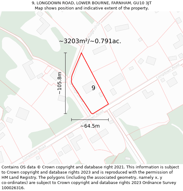 9, LONGDOWN ROAD, LOWER BOURNE, FARNHAM, GU10 3JT: Plot and title map