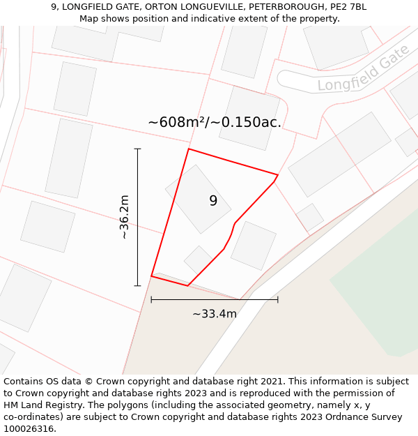 9, LONGFIELD GATE, ORTON LONGUEVILLE, PETERBOROUGH, PE2 7BL: Plot and title map