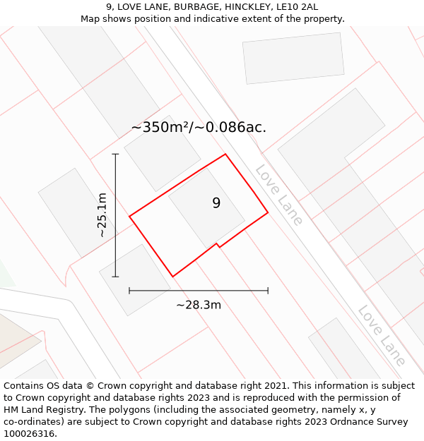 9, LOVE LANE, BURBAGE, HINCKLEY, LE10 2AL: Plot and title map