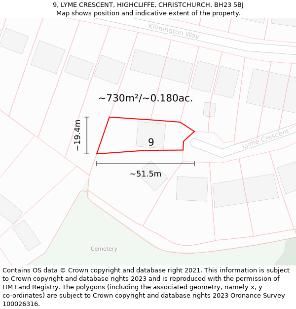 9, LYME CRESCENT, HIGHCLIFFE, CHRISTCHURCH, BH23 5BJ: Plot and title map