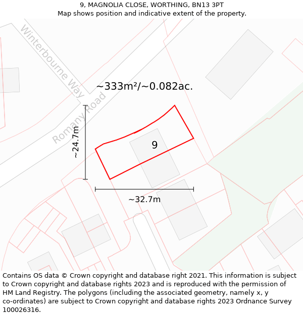 9, MAGNOLIA CLOSE, WORTHING, BN13 3PT: Plot and title map