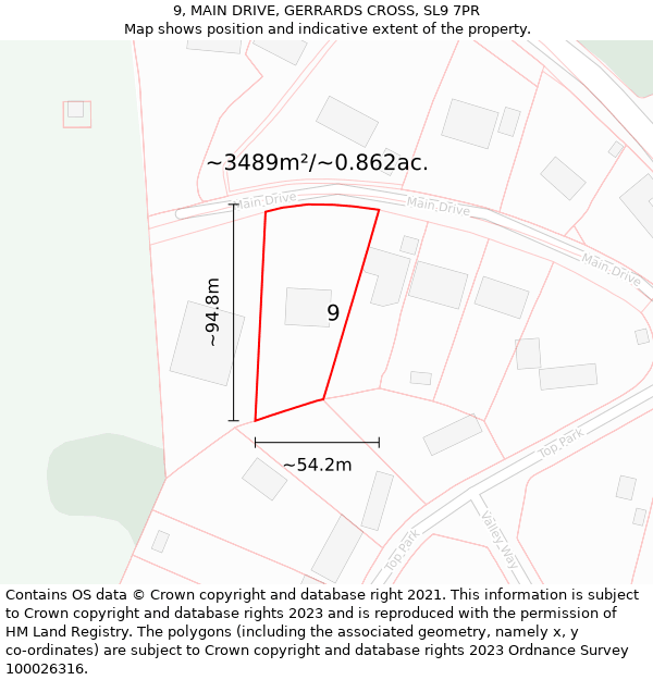 9, MAIN DRIVE, GERRARDS CROSS, SL9 7PR: Plot and title map