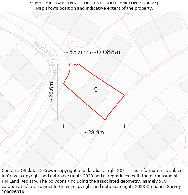 9, MALLARD GARDENS, HEDGE END, SOUTHAMPTON, SO30 2XJ: Plot and title map