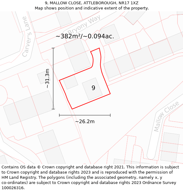 9, MALLOW CLOSE, ATTLEBOROUGH, NR17 1XZ: Plot and title map