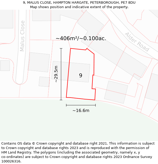 9, MALUS CLOSE, HAMPTON HARGATE, PETERBOROUGH, PE7 8DU: Plot and title map