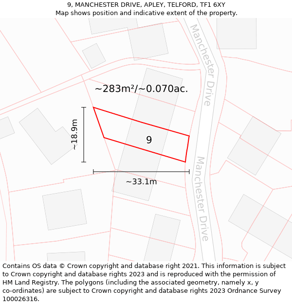 9, MANCHESTER DRIVE, APLEY, TELFORD, TF1 6XY: Plot and title map