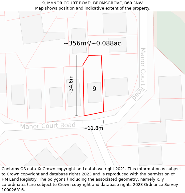 9, MANOR COURT ROAD, BROMSGROVE, B60 3NW: Plot and title map