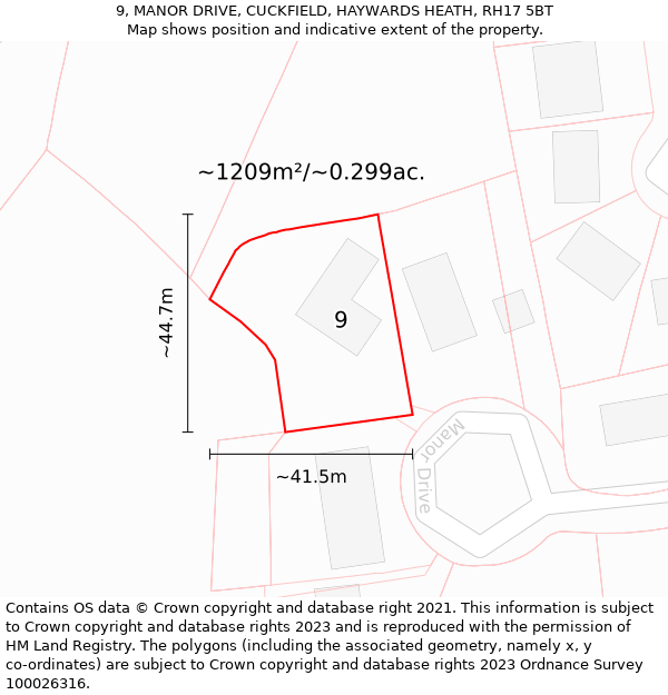 9, MANOR DRIVE, CUCKFIELD, HAYWARDS HEATH, RH17 5BT: Plot and title map