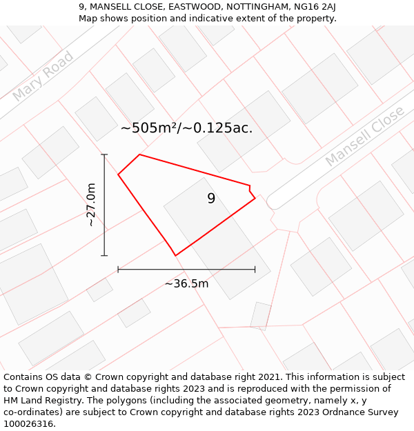 9, MANSELL CLOSE, EASTWOOD, NOTTINGHAM, NG16 2AJ: Plot and title map