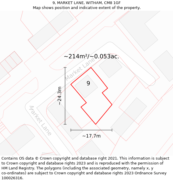 9, MARKET LANE, WITHAM, CM8 1GF: Plot and title map