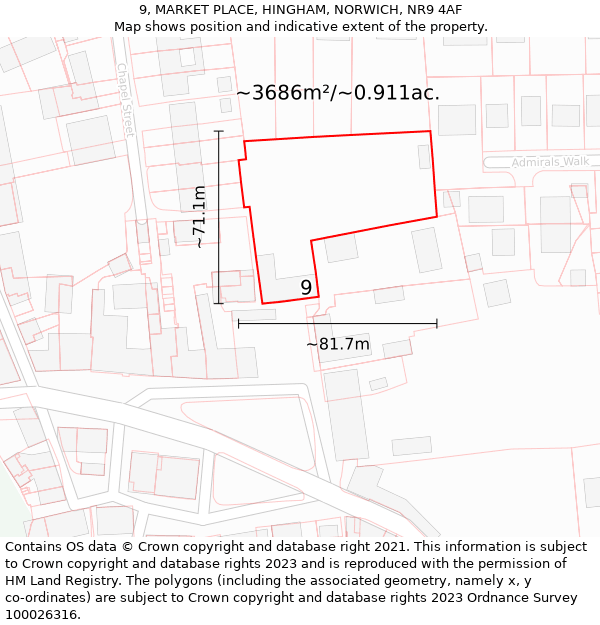 9, MARKET PLACE, HINGHAM, NORWICH, NR9 4AF: Plot and title map