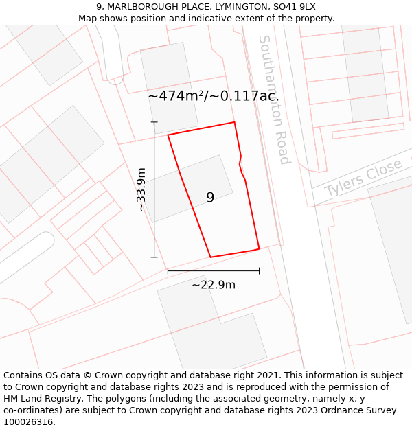 9, MARLBOROUGH PLACE, LYMINGTON, SO41 9LX: Plot and title map