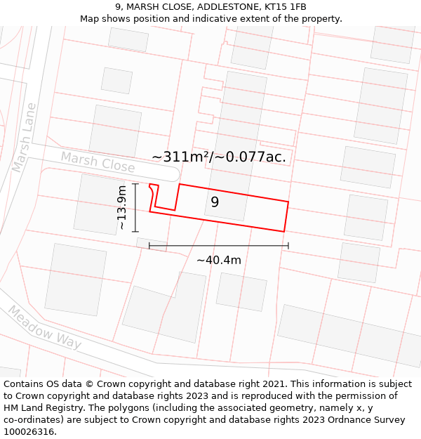 9, MARSH CLOSE, ADDLESTONE, KT15 1FB: Plot and title map