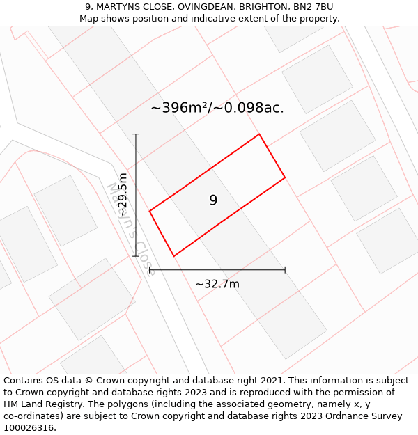 9, MARTYNS CLOSE, OVINGDEAN, BRIGHTON, BN2 7BU: Plot and title map