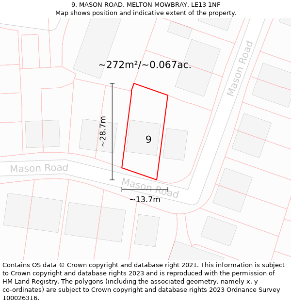 9, MASON ROAD, MELTON MOWBRAY, LE13 1NF: Plot and title map