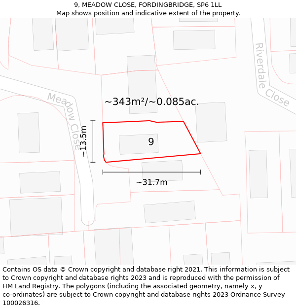 9, MEADOW CLOSE, FORDINGBRIDGE, SP6 1LL: Plot and title map