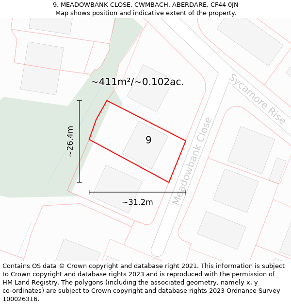 9, MEADOWBANK CLOSE, CWMBACH, ABERDARE, CF44 0JN: Plot and title map