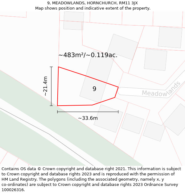 9, MEADOWLANDS, HORNCHURCH, RM11 3JX: Plot and title map