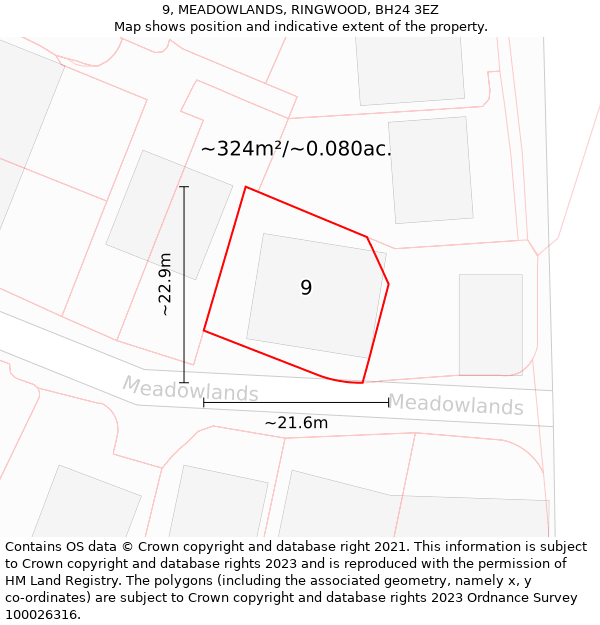 9, MEADOWLANDS, RINGWOOD, BH24 3EZ: Plot and title map