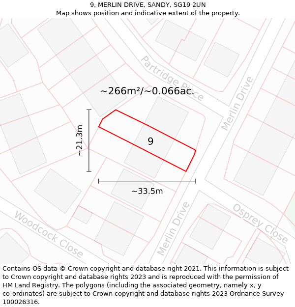 9, MERLIN DRIVE, SANDY, SG19 2UN: Plot and title map