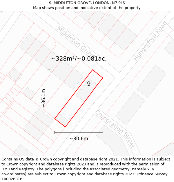 9, MIDDLETON GROVE, LONDON, N7 9LS: Plot and title map
