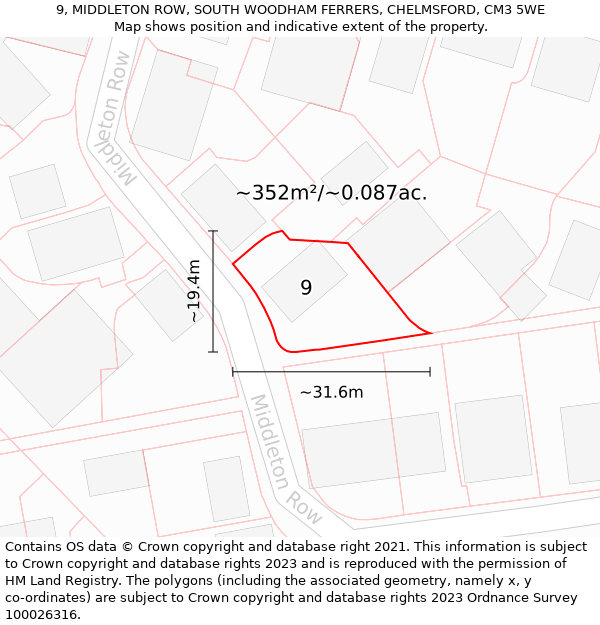 9, MIDDLETON ROW, SOUTH WOODHAM FERRERS, CHELMSFORD, CM3 5WE: Plot and title map