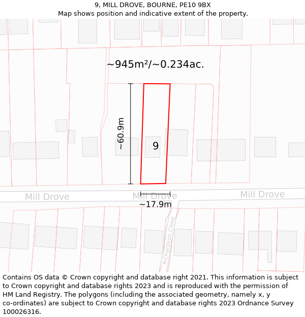 9, MILL DROVE, BOURNE, PE10 9BX: Plot and title map