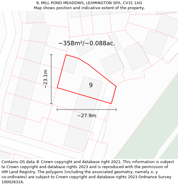 9, MILL POND MEADOWS, LEAMINGTON SPA, CV31 1AG: Plot and title map