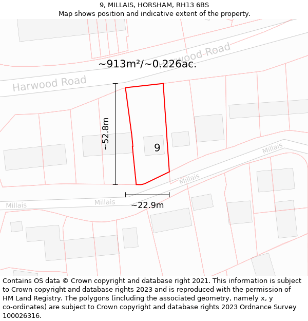 9, MILLAIS, HORSHAM, RH13 6BS: Plot and title map