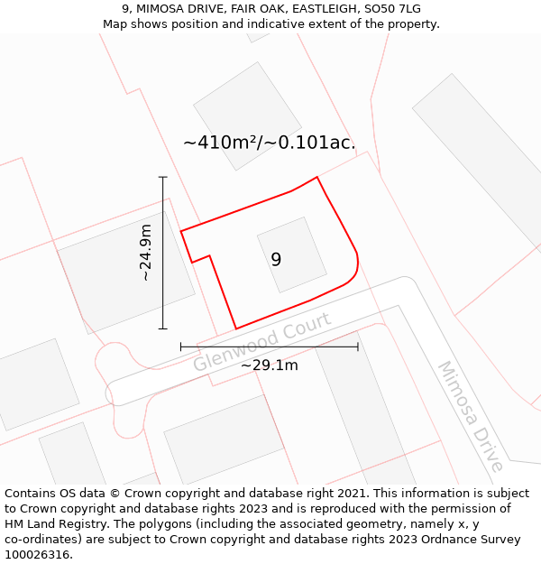 9, MIMOSA DRIVE, FAIR OAK, EASTLEIGH, SO50 7LG: Plot and title map