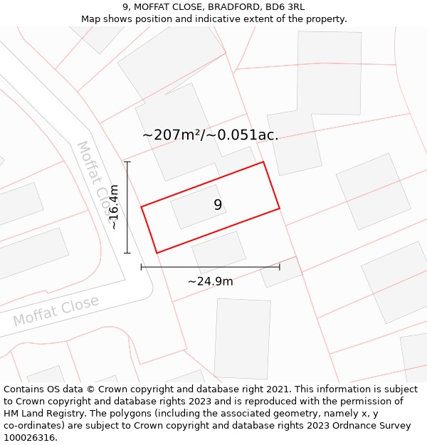 9, MOFFAT CLOSE, BRADFORD, BD6 3RL: Plot and title map