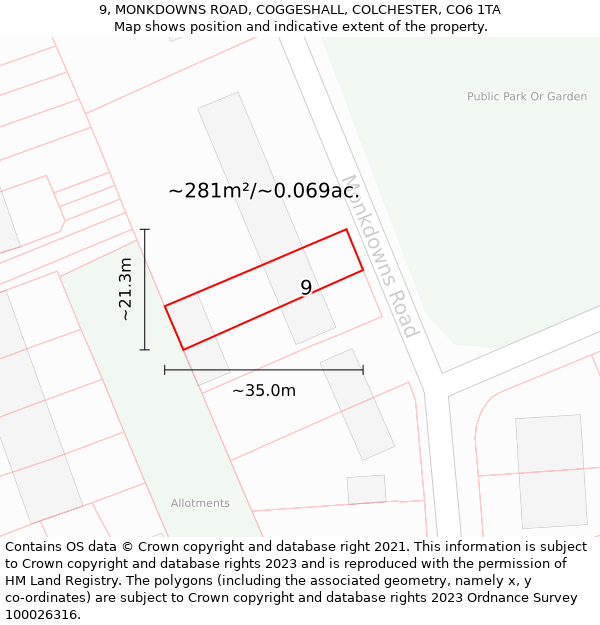 9, MONKDOWNS ROAD, COGGESHALL, COLCHESTER, CO6 1TA: Plot and title map