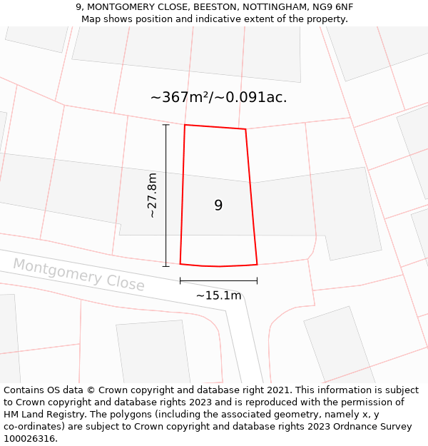 9, MONTGOMERY CLOSE, BEESTON, NOTTINGHAM, NG9 6NF: Plot and title map