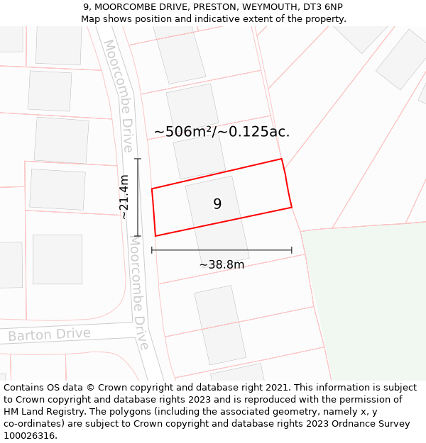 9, MOORCOMBE DRIVE, PRESTON, WEYMOUTH, DT3 6NP: Plot and title map