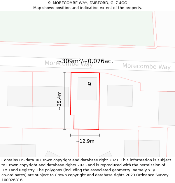 9, MORECOMBE WAY, FAIRFORD, GL7 4GG: Plot and title map