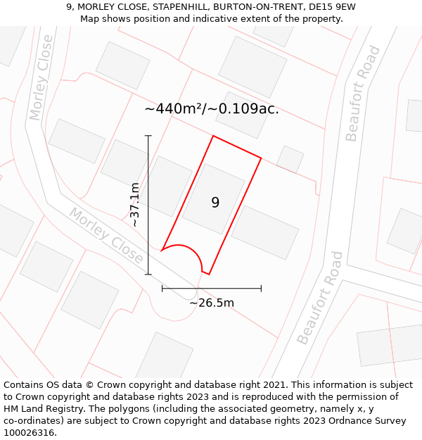 9, MORLEY CLOSE, STAPENHILL, BURTON-ON-TRENT, DE15 9EW: Plot and title map