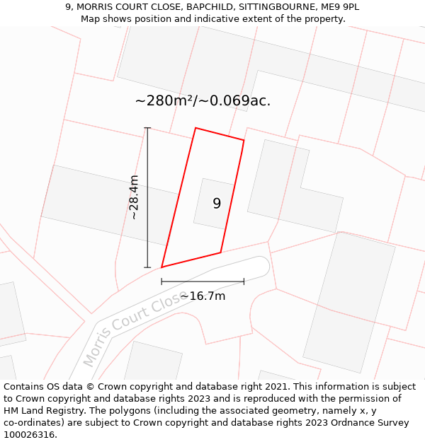 9, MORRIS COURT CLOSE, BAPCHILD, SITTINGBOURNE, ME9 9PL: Plot and title map