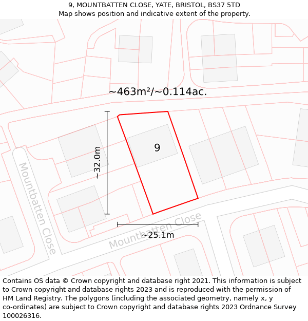 9, MOUNTBATTEN CLOSE, YATE, BRISTOL, BS37 5TD: Plot and title map