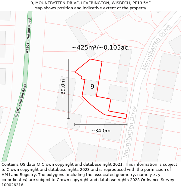 9, MOUNTBATTEN DRIVE, LEVERINGTON, WISBECH, PE13 5AF: Plot and title map