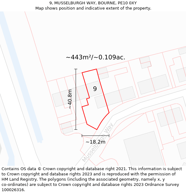 9, MUSSELBURGH WAY, BOURNE, PE10 0XY: Plot and title map