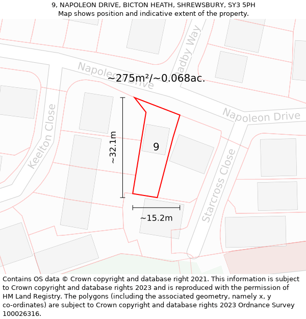 9, NAPOLEON DRIVE, BICTON HEATH, SHREWSBURY, SY3 5PH: Plot and title map