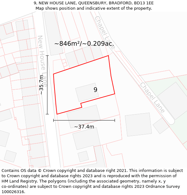 9, NEW HOUSE LANE, QUEENSBURY, BRADFORD, BD13 1EE: Plot and title map