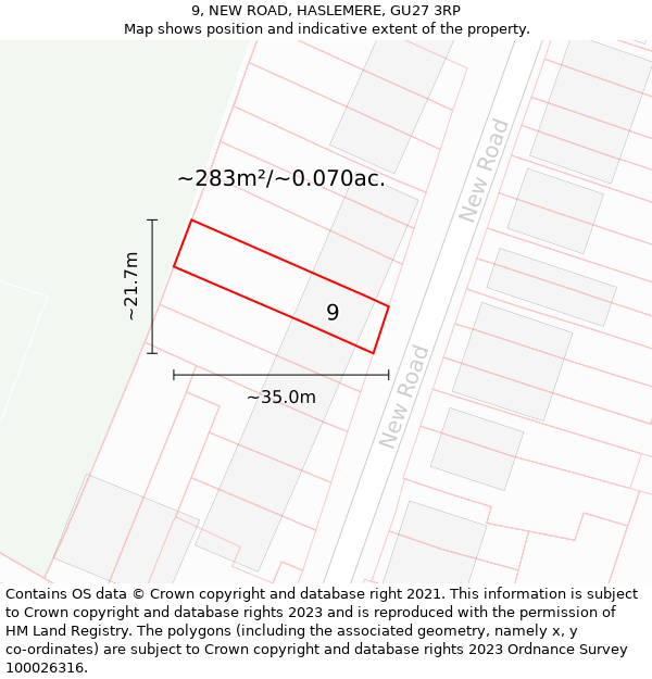 9, NEW ROAD, HASLEMERE, GU27 3RP: Plot and title map