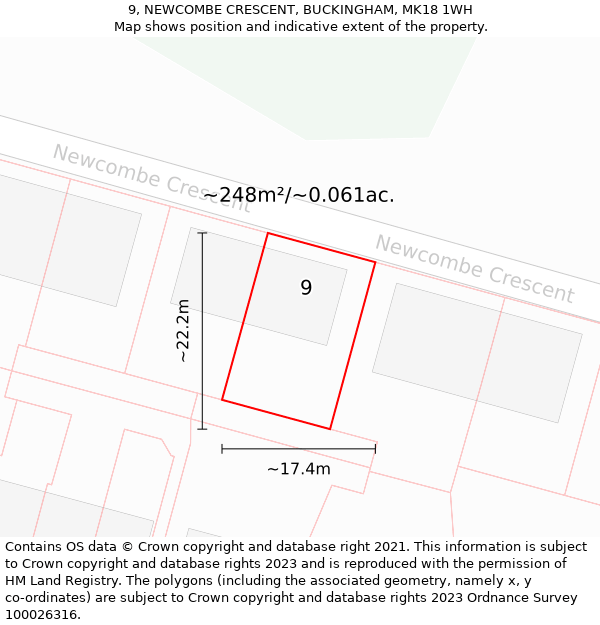 9, NEWCOMBE CRESCENT, BUCKINGHAM, MK18 1WH: Plot and title map