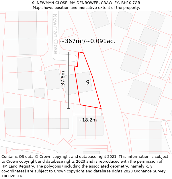 9, NEWMAN CLOSE, MAIDENBOWER, CRAWLEY, RH10 7GB: Plot and title map