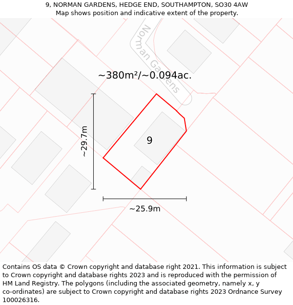 9, NORMAN GARDENS, HEDGE END, SOUTHAMPTON, SO30 4AW: Plot and title map