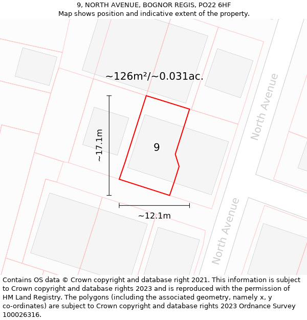 9, NORTH AVENUE, BOGNOR REGIS, PO22 6HF: Plot and title map